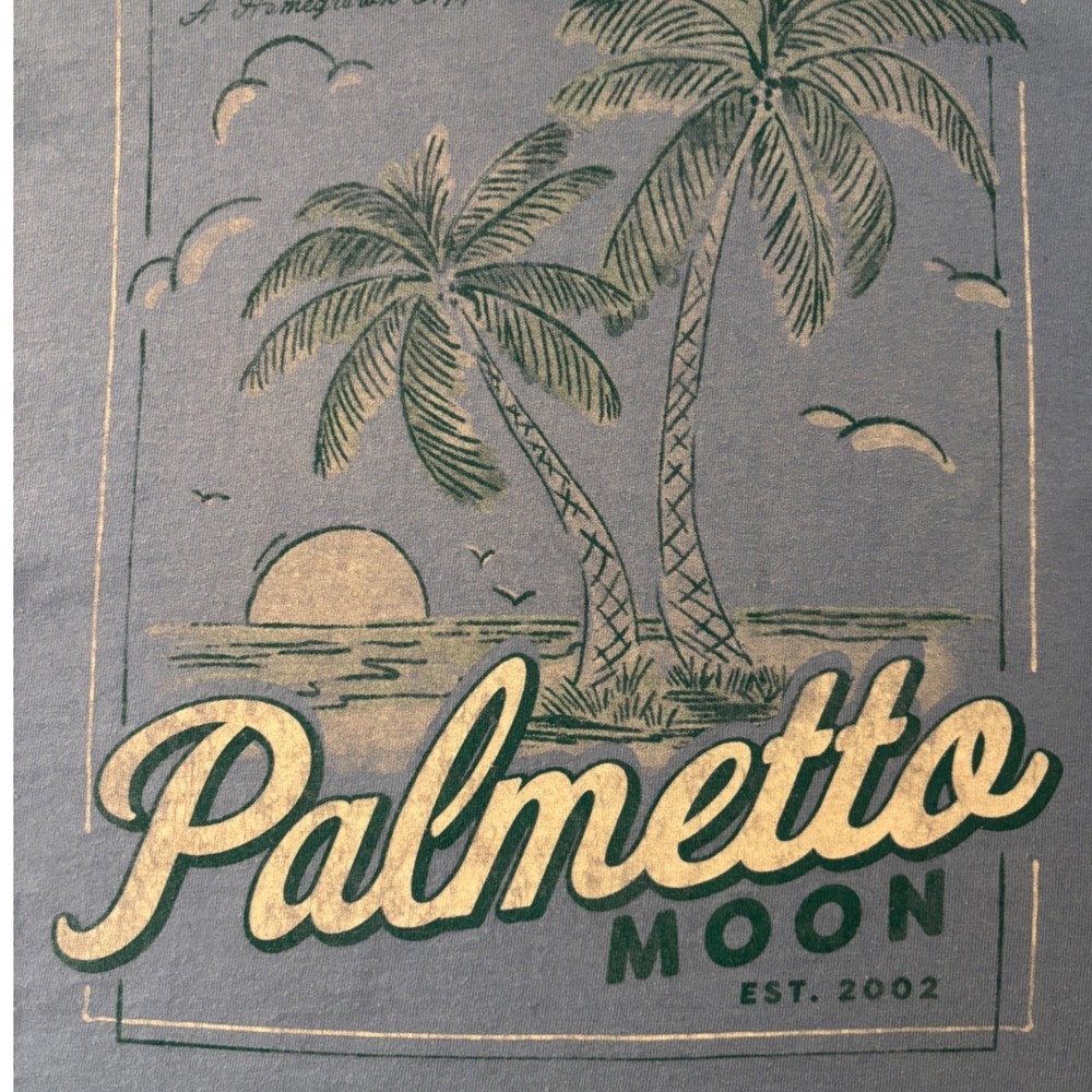 Palmetto Moon Graphic T-Shirt Mens L Blue Palm Tree Beach Short Sleeve GUC Note!